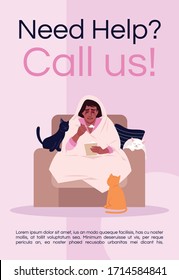 Need help, call us poster template. Women support, stress management commercial flyer design with semi flat illustration. Vector cartoon promo card. Psychotherapy advertising invitation