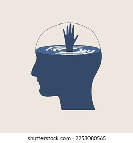 Need help concept. Abstract human head with a drowning hand. SOS, Health care emergency. Vector illustration