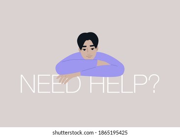 Need help conceptual illustration, a portrait of a male Asian young character helping their assistance