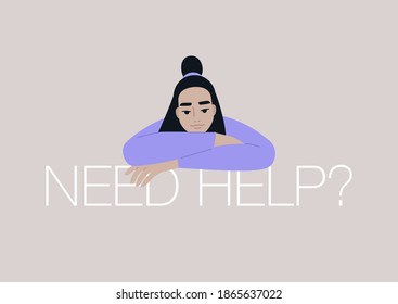 Need help conceptual illustration, a portrait of a female Asian young character helping their assistance