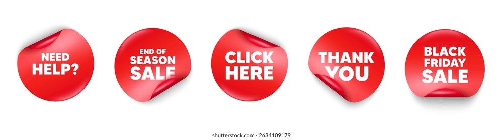 Need help sticker tag. Season sale, Black friday paper price banners. Need help tag. Support service sign. Faq information symbol. Thank you sticker. Vector