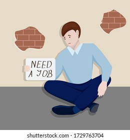 Need a job, casual unemployed adult male with poster. Unemployment.