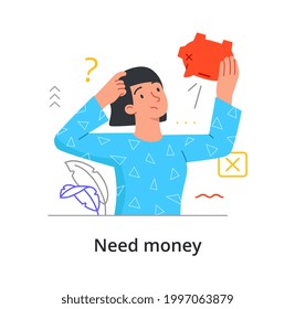 Need money concept with a woman staring at an empty piggy bank puzzled. Female character is short of money. Outline minimal style flat cartoon vector illustration. Abstract metaphor
