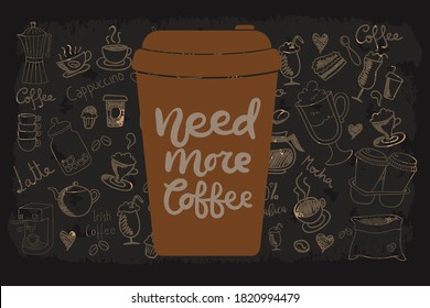 Need more coffee. The inscription on the coffee cup. Cup of coffee on black background.
