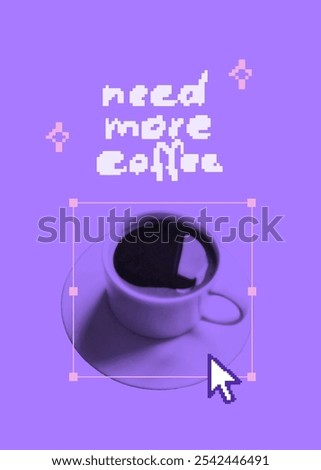 Need more coffee, retro pixel art 8bit cafe poster, purple techno background, resize frame with mouse arrow cursor.