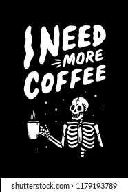 I NEED MORE COFFEE SKELETON POSTCARD BLACK BACKGROUND