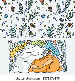 Need more sleep. Set of cute cartoon animal and seamless pattern. Vector clip art illustration for children design, cards, prints, coloring books