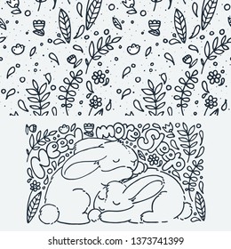 Need more sleep. Set of cute cartoon animal and seamless pattern. Vector clip art illustration for children design, cards, prints, coloring books