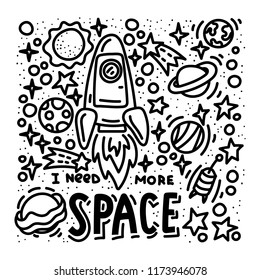 I need more space doodles and lettering. Hand drawn rocket and planets poster design. Stock vector