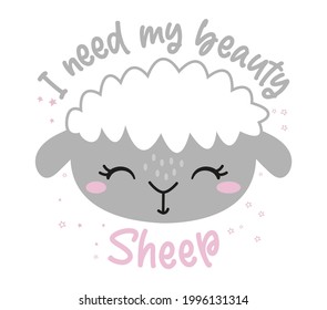 I need my beauty sheep (beauty sleep) - funny hand drawn doodle sheep. sleeping mask, stars, hearts. Cartoon background, texture for bedsheets, pajamas.