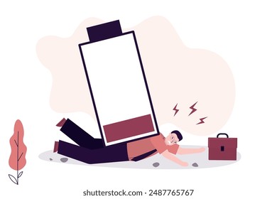 Need for rest. Office worker lying under empty battery, employee with low battery symbolizing tiredness, fatigue. Recharge. Work overload. Concept of business, depression, deadline and burnout. vector