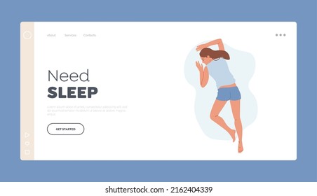 Need Sleep Landing Page Template. Young Woman Wear Pajama Sleep or Nap on Bally, Female Character Sleeping Pose in Bed Top View. Night Dream, Relaxation. Cartoon People Vector Illustration