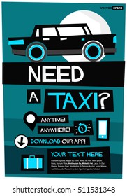 Need A Taxi Anytime Anywhere Poster Template With Text Box and App Download Details (Flat Style Vector Illustration Poster Design)