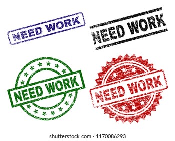 NEED WORK seal prints with distress style. Black, green,red,blue vector rubber prints of NEED WORK tag with grunge style. Rubber seals with round, rectangle, medal shapes.