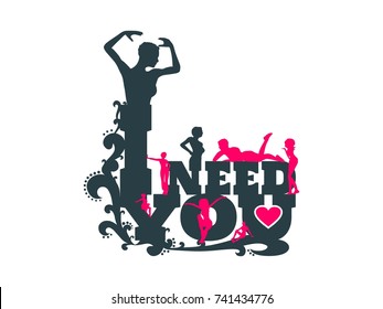 I need you text with heart icon and women silhouettes. Background relative to valentines day. Design element for greeting card or sticker