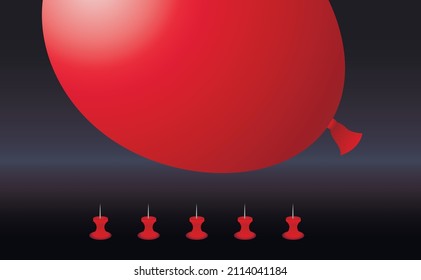 Needle Is About To Burst The Red Ball. The Easiest Way To Get Rid Of The Concept Of Problems, Debt, Stress. Black Background. Copy Space. Vector Illustration