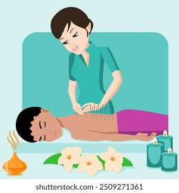 Needle Acupuncture treatment by professional acupuncturist in spa. Isolated flat vector illustration. European and Indian ethnicity.