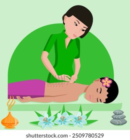 Needle Acupuncture treatment by professional acupuncturist in spa. Isolated flat vector illustration. Asian and Indian ethnicity.