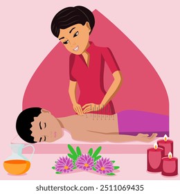 Needle Acupuncture treatment by professional acupuncturist in spa. Isolated flat vector illustration. Eastern and Indian ethnicity.