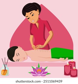 Needle Acupuncture treatment by professional acupuncturist in spa. Isolated flat vector illustration. Eastern and Asian ethnicity.