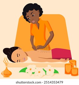Needle Acupuncture treatment by professional acupuncturist in spa. Isolated flat vector illustration. African and Eastern ethnicity.