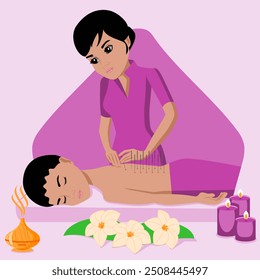 Needle AcupunctureTreatments by professional acupuncturist in spa. Chinese acupressure. Isolated flat vector illustration. Indian ethnicity.