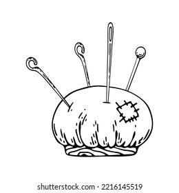 Needle bar seamstress line art. Pins needle tailors tools. Profession tailor. Hand drawn vector doodle illustration.
