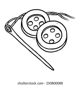 needle and buttons / cartoon vector and illustration, black and white, hand drawn, sketch style, isolated on white background.