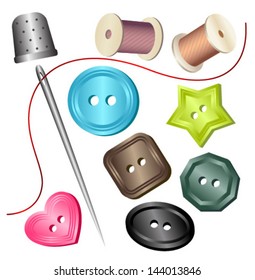 needle & buttons, thimble & strings
