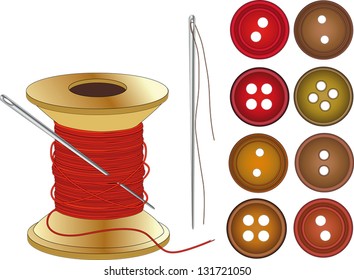 Needle, Coil of red threads and buttons