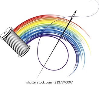 Needle and colored thread. Spool of thread silhouette. Symbol for cutting and sewing