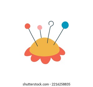 Needle cushion for sewing flat color vector object. Pincushion used to store pins and needles. Fashion design and cute flower shape illustration for web graphic design