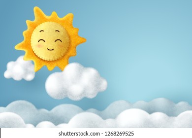 Needle felting of sun and cloud in the sky, hello spring or summer concept, vector art and illustration.