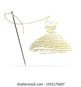 needle with gold thread in the form of a cocktail dress on a white background
