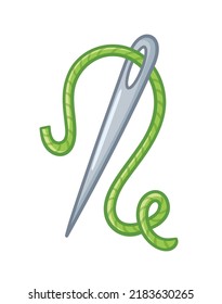 Needle with green thread on a white background. Vector illustration with sewing kit in cartoon style.
