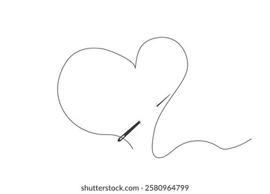 Needle with heart thread doodle simple icon, line embroidery decoration. Curvy thread sewing, tailor tool silhouette. 