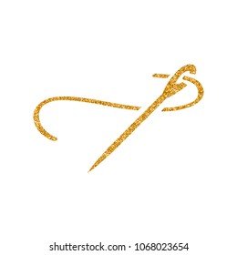 Needle icon in gold glitter texture. Sparkle luxury style vector illustration.