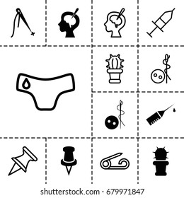 Needle icon. set of 13 filled and outline needle icons such as needle button, pin, brain surgery, injection rash, cactus, children panties, injection