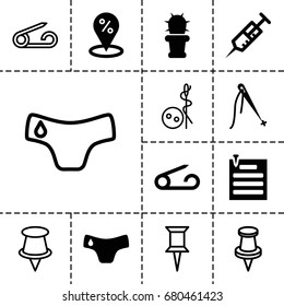 Needle icon. set of 13 filled and outline needle icons such as pin, children panties, syringe, cactus, paper pin, needle button, sewing