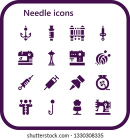 needle icon set. 16 filled needle icons.  Simple modern icons about  - Hook, Syringe, Sewing machine, Sewing, Space needle, Yarn ball, Vaccine, Push pin, Knit, Voodoo doll, Mannequin