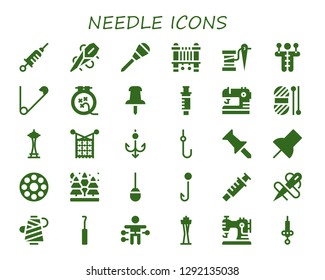  needle icon set. 30 filled needle icons. Simple modern icons about  - Vaccine, Needle, Awl, Sewing machine, Thread, Voodoo doll, Safety pin, Knit, Push pin, Syringe, Sewing, Wool