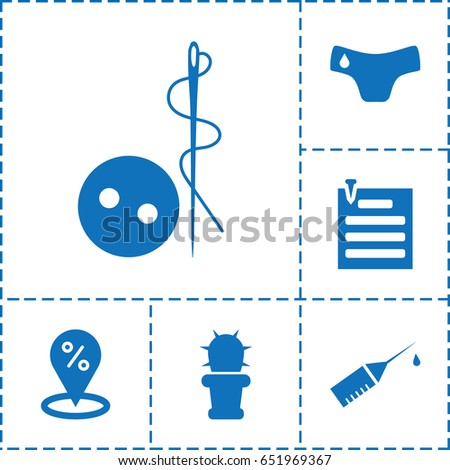 Needle icon. set of 6 needle filled icons such as children panties, needle button, injection rash, cactus, paper pin