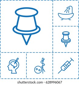 Needle icon. set of 6 needle outline icons such as needle button, shower, syringe, pin