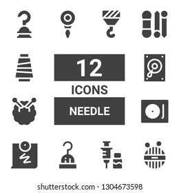 needle icon set. Collection of 12 filled needle icons included Wool, Vaccine, Hook, Push pin, Record player, Knitting, Threader, Knit, Thread