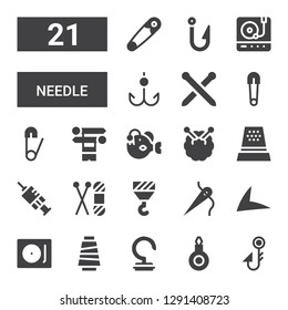 needle icon set. Collection of 21 filled needle icons included Fishing hook, Threader, Hook, Thread, Record player, Live drive, Needle, Knit, Vaccination, Thimble, Knitting, Angler