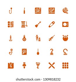 needle icon set. Collection of 25 filled needle icons included Thread, Knitting neddles, Hook, Pushpin, Push pin, Awl, Record player, Fishing hook, Knitting, Vaccine, Threader