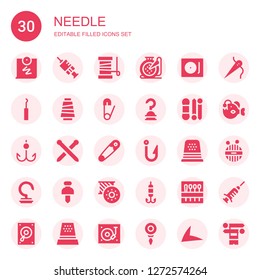 needle icon set. Collection of 30 filled needle icons included Push pin, Vaccination, Yarn, Embroidery, Record player, Hook, Thread, Safety pin, Knit, Knitting neddles, Thimble