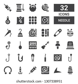 needle icon set. Collection of 32 filled needle icons included Thread, Live drive, Turntable, Vaccine, Hook, Piercing, Safety pin, Thimble, Pushpin, Needle, Awl, Fishing hook