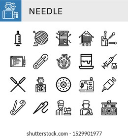 needle icon set. Collection of Acupuncture, Syringe, Yarn, Thread, Knitting, Code injection, Safety pin, Embroidery, Handicrafts, Tattoo artist, Sewing machine, Vaccine icons