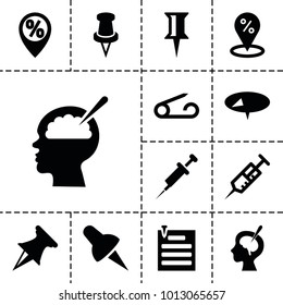 Needle icons. set of 13 editable filled needle icons such as pin, sale location, syringe, brain surgery